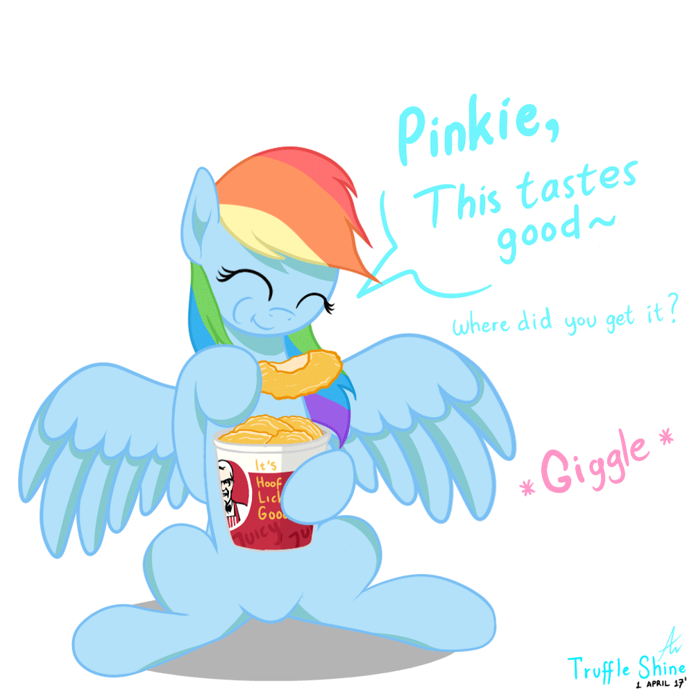 Size: 1000x1000 | Tagged: safe, artist:truffle shine, character:rainbow dash, species:pegasus, species:pony, animated, april fools, chicken meat, ear twitch, eating, eyes closed, female, food, fridge horror, fried chicken, gif, implied cannibalism, implied pinkamena, implied pinkie pie, implied scootabuse, implied scootachicken, implied scootaloo, kfc, meat, offscreen character, ponies eating meat, ponies eating poultry, prank, signature, simple background, sitting, the implications are horrible, we are going to hell, white background, wings