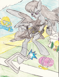 Size: 1700x2200 | Tagged: safe, artist:wyren367, oc, oc only, oc:gray gale, airship, canterlot, colored pencil drawing, flying, pirate, raised hoof, sky pirate, traditional art, wonderbolts
