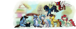 Size: 8150x3150 | Tagged: safe, artist:scarlett-letter, oc, oc only, species:changeling, species:pegasus, species:pony, species:reformed changeling, species:unicorn, absurd resolution, changeling oc, female, group, magic, male, mare, mordecai, ponified, regular show, stallion, typewriter