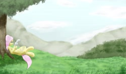 Size: 3750x2223 | Tagged: safe, artist:fauzart, character:angel bunny, character:fluttershy, species:pegasus, species:pony, duo, holding, hoof hands, looking at something, lying down, on back, scenery, tree, under the tree
