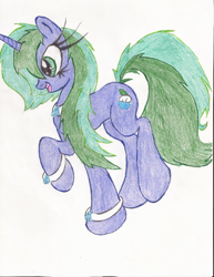 Size: 1700x2200 | Tagged: safe, artist:wyren367, oc, oc only, oc:marina, species:pony, species:unicorn, colored pencil drawing, female, happy, jewelry, simple background, solo, traditional art, white background
