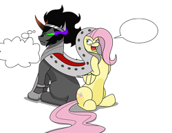 Size: 700x539 | Tagged: safe, artist:killkatt, character:fluttershy, character:king sombra, species:pegasus, species:pony, species:unicorn, ship:sombrashy, armor, cape, clothing, colored horn, curved horn, dialogue, empty speech bubble, female, horn, male, mare, shipping, simple background, sombra eyes, sombra horn, speech bubble, stallion, straight, thought bubble, transparent background