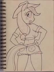 Size: 1196x1600 | Tagged: safe, artist:bhawk, character:applejack, species:anthro, applebutt, ass, clothing, cowboy hat, daisy dukes, female, front knot midriff, hand on hip, hat, looking at you, looking back, looking back at you, midriff, rear view, shorts, sketch, solo, stetson, traditional art