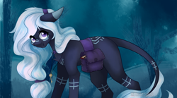 Size: 1024x571 | Tagged: safe, artist:itsizzybel, oc, oc only, species:pony, female, floppy ears, forest, jewelry, leonine tail, long tail, looking at you, mare, necklace, saddle bag, solo, white hair
