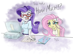 Size: 1024x768 | Tagged: safe, artist:firimil, character:fluttershy, character:rarity, my little pony:equestria girls, computer, embarrassed, rich, taxes