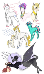 Size: 3240x5400 | Tagged: safe, artist:xenalollie, character:prince blueblood, character:princess flurry heart, oc, oc:anomaly, oc:sahara sunrise, oc:valiant heart, parent:discord, parent:fancypants, parent:fleur-de-lis, parent:fluttershy, parent:nightmare moon, parent:prince blueblood, parent:zecora, parents:bluecora, parents:discoshy, parents:fancyfleur, parents:nightmarecord, species:zony, absurd resolution, hybrid, interspecies offspring, offspring, simple background, size difference, white background