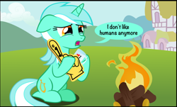 Size: 996x601 | Tagged: safe, artist:coltsteelstallion, edit, character:lyra heartstrings, species:human, species:pony, species:unicorn, campfire, cropped, crying, cup, dialogue, female, fire, floppy ears, foam finger, frown, hoof hold, humie, i don't like humans anymore, lidded eyes, mare, meme, mug, open mouth, sad, sitting, solo, speech bubble, teary eyes