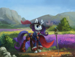 Size: 1400x1057 | Tagged: safe, artist:asimos, character:rarity, species:pony, species:unicorn, g4, clothing, female, hat, mare, rapier, scenery, signature, solo, sword, three quarter view, weapon