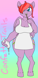 Size: 1569x3193 | Tagged: safe, artist:glacierfrostclaw, oc, oc only, oc:confetti trails, species:anthro, species:pegasus, species:pony, apron, batter, cake batter, clothing, female, food, frosting, mare, taste test, wooden spoon