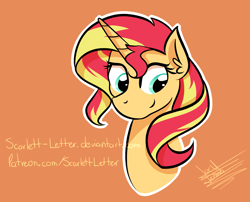 Size: 2813x2268 | Tagged: safe, artist:scarlett-letter, character:sunset shimmer, species:pony, species:unicorn, bust, female, orange background, simple background, solo