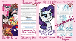 Size: 5000x2700 | Tagged: safe, artist:scarlett-letter, patreon reward, character:nurse redheart, character:pinkie pie, character:rarity, character:sunset shimmer, oc, oc:purplethink, species:pony, absurd resolution, patreon, patreon preview, screenplay, storyboard