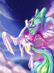 Size: 4500x6000 | Tagged: safe, artist:nadnerbd, character:princess celestia, species:alicorn, species:pony, absurd resolution, beautiful, cloud, color porn, female, flying, looking up, majestic, plot, solo, spread wings, stars, sunlight, twilight (astronomy), underhoof, wings