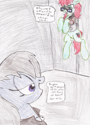 Size: 1566x2170 | Tagged: safe, artist:wyren367, oc, oc only, oc:gray gale, oc:scratch build, species:pony, angry, bound, dialogue, traditional art
