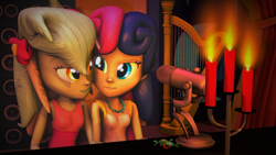 Size: 3840x2160 | Tagged: safe, artist:dj-chopin, character:bon bon, character:lyra heartstrings, character:sweetie drops, ship:lyrabon, my little pony:equestria girls, 3d, adorabon, candle, clothing, cute, female, fire, harp, lesbian, lyrabetes, musical instrument, shipping