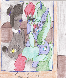 Size: 1648x1928 | Tagged: safe, artist:wyren367, oc, oc only, oc:folklore, oc:marina, oc:scratch build, species:pony, hug, one eye closed, picture frame, sitting, traditional art, wrong aspect ratio