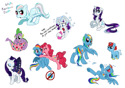 Size: 1294x918 | Tagged: safe, artist:c-puff, character:pinkie pie, character:rainbow dash, character:rarity, character:spike, oc, ship:pinkiedash, butterfly wings, female, laughing, lesbian, on back, shampoo, shipping, wet, wet mane, wet mane rarity