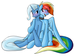 Size: 3294x2472 | Tagged: safe, artist:diction, character:rainbow dash, character:trixie, species:pony, species:unicorn, ship:trixdash, blushing, collar, female, hug, lesbian, mare, open mouth, shipping, simple background, story in the source, transparent background