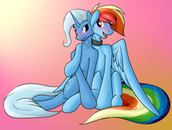 Size: 3294x2472 | Tagged: safe, artist:diction, character:rainbow dash, character:trixie, species:pegasus, species:pony, species:unicorn, ship:trixdash, blushing, collar, female, gradient background, hug, lesbian, mare, open mouth, shipping, story in the source