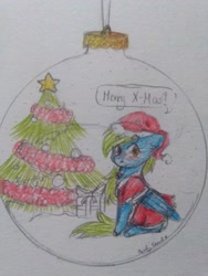 Size: 2448x3264 | Tagged: safe, artist:pinkcloudhugger, oc, oc only, oc:candy cloud, species:pony, christmas, christmas tree, holiday, solo, traditional art, tree