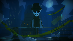 Size: 3840x2160 | Tagged: safe, artist:dj-chopin, species:pony, 3d, caution tape, city, clothing, coat, crossover, dc comics, fedora, glass, hat, male, mask, moon, night, noir, ponified, rorschach, shattered glass, solo, stallion, trenchcoat, watchmen