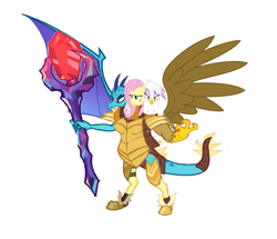 Size: 2761x2369 | Tagged: safe, artist:theunknowenone1, character:fluttershy, character:gilda, character:princess ember, species:dragon, conjoined, fusion, guardian, multiple heads, not salmon, the last guardian, three heads, wat, we have become one, what has magic done, xk-class end-of-the-world scenario