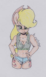Size: 725x1210 | Tagged: safe, artist:marta4708, character:applejack, species:anthro, belly button, both cutie marks, clothing, daisy dukes, female, hand on hip, looking at you, midriff, short shirt, shorts, simple background, solo, straw, traditional art