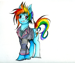 Size: 1078x914 | Tagged: safe, artist:dreamingnoctis, character:rainbow dash, species:pony, 80s, alternate hairstyle, ankh, buttons, clothing, deathrock, eyeliner, female, goth, ink, jacket, leather jacket, makeup, punk, simple background, solo, spikes, studs, traditional art, white background