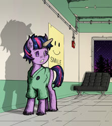 Size: 960x1080 | Tagged: safe, artist:dreamingnoctis, character:twilight sparkle, oc:dusk shine, species:pony, anxiety, ask asylum twilight, asylum, barcelona chair, chair, fear, fire alarm, horn sleeve, magic suppression, male, night, point perspective, rule 63, scared, shadow, solo, stallion, window