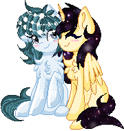 Size: 180x189 | Tagged: safe, artist:sketchyhowl, oc, oc only, oc:bia, oc:water pearl, species:alicorn, species:earth pony, species:pony, animated, gif, pixel art, simple background, sitting, transparent background