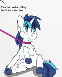 Size: 3359x4189 | Tagged: safe, artist:starrypallet, character:shining armor, species:pony, species:unicorn, absurd resolution, chest fluff, collar, flat colors, horn ring, leash, male, offscreen character, pet play, shiningabuse, simple background, solo, stallion, text, white background