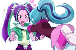 Size: 2550x1675 | Tagged: safe, artist:ryuu, character:aria blaze, character:sonata dusk, ship:arisona, my little pony:equestria girls, belt, blushing, boots, clothing, cute, female, glomp, heart, lesbian, outline, pigtails, ponytail, shipping, shoes, simple background, skirt, skirt lift, strategically covered, twintails, upskirt denied, white background