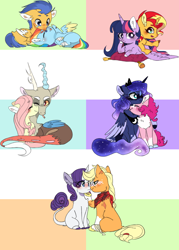 Size: 1522x2129 | Tagged: safe, artist:s1nb0y, character:applejack, character:discord, character:flash sentry, character:fluttershy, character:pinkie pie, character:princess luna, character:rainbow dash, character:rarity, character:sunset shimmer, character:twilight sparkle, character:twilight sparkle (alicorn), species:alicorn, species:classical unicorn, species:pony, species:unicorn, ship:discoshy, ship:lunapie, ship:rarijack, ship:sunsetsparkle, bandage, chest fluff, cloven hooves, cute, diapinkes, diasentres, discute, female, flashdash, leonine tail, lesbian, licking, male, mane six, missing cutie mark, neck nuzzle, nuzzling, pillow, prone, scar, shipping, straight, tongue out, unshorn fetlocks