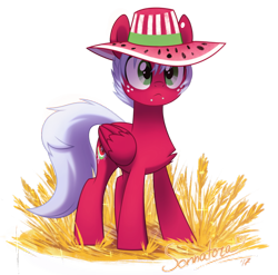 Size: 898x889 | Tagged: safe, artist:sonnatora, oc, oc only, oc:melon frost, species:pegasus, species:pony, chest fluff, clothing, cute, female, freckles, hat, hay, lip piercing, mare, piercing, simple background, snake bites, solo, sun hat, transparent background