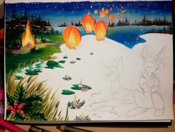 Size: 1440x1080 | Tagged: safe, artist:scootiegp, species:pony, bonfire, brake, commission, countryside, female, fire, flower, forest, lake, mare, night, river, scene, scenery, scrub, sky lantern, smiling, traditional art, waterlily, wreath, your character here