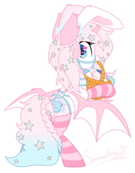 Size: 1024x1304 | Tagged: safe, artist:sonnatora, oc, oc only, oc:pastel princess, species:bat pony, species:pony, basket, bridle, bunny ears, clothing, easter basket, easter bunny, female, heart eyes, simple background, socks, solo, stars, striped socks, tack, thigh highs, white background, wingding eyes