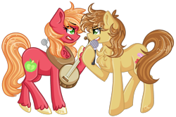 Size: 1888x1256 | Tagged: safe, artist:sketchyhowl, character:big mcintosh, character:feather bangs, species:pony, episode:hard to say anything, g4, my little pony: friendship is magic, banjo, chest fluff, female, macareina, microphone, musical instrument, rule 63, simple background, singing, transparent background