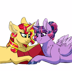 Size: 3000x3000 | Tagged: safe, artist:scarletskitty12, character:sunset shimmer, character:twilight sparkle, character:twilight sparkle (alicorn), species:alicorn, species:pony, species:unicorn, ship:sunsetsparkle, book, female, hair bun, lesbian, mare, prone, reading, shipping, simple background, smiling, white background