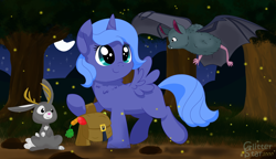 Size: 6888x3968 | Tagged: safe, artist:glitterstar2000, character:princess luna, species:alicorn, species:bat, species:pony, absurd resolution, blank flank, cute, female, filly, jackalope, lunabetes, night, saddle bag, smiling, stars, tree, woona, younger