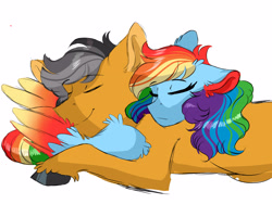 Size: 4000x3000 | Tagged: safe, artist:scarletskitty12, character:quibble pants, character:rainbow dash, species:earth pony, species:pegasus, species:pony, ship:quibbledash, eyes closed, female, male, mare, multicolored hair, prone, shipping, simple background, smiling, stallion, straight, white background