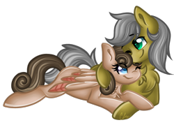 Size: 1120x802 | Tagged: safe, artist:sketchyhowl, oc, oc only, oc:may blossom, oc:quick silver, species:earth pony, species:pony, cuddling, female, male, mare, one eye closed, simple background, stallion, transparent background
