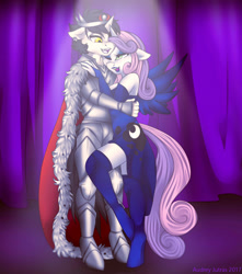 Size: 1500x1700 | Tagged: safe, artist:fur-what-loo, character:king sombra, character:princess luna, character:sweetie belle, oc, oc:balor, species:anthro, species:pony, species:unguligrade anthro, species:unicorn, anthro oc, clothing, commission, costume, dress, female, male, mare, older, singing, smiling, stage, stallion