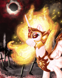 Size: 2800x3500 | Tagged: safe, artist:gab0o0, character:daybreaker, character:princess celestia, species:alicorn, species:pony, episode:a royal problem, g4, my little pony: friendship is magic, crossover, dark souls, eclipse, evil grin, female, grin, smiling, solo