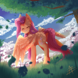 Size: 2000x2000 | Tagged: safe, artist:myralilth, character:fluttershy, species:pegasus, species:pony, cloud, eyes closed, female, grass, high res, looking back, mare, sky, smiling, solo, tree