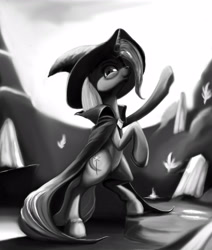 Size: 3554x4185 | Tagged: safe, artist:ponsce, character:trixie, species:pony, species:unicorn, absurd resolution, bipedal, cape, clothing, female, hat, high res, mare, monochrome, rearing, solo, trixie's cape, trixie's hat