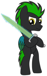 Size: 1126x1819 | Tagged: safe, artist:cloudy95, oc, oc only, oc:electric night, species:pegasus, species:pony, bipedal, colored wings, electricity, male, multicolored wings, simple background, solo, stallion, sword, transparent background, weapon