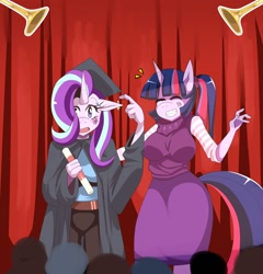 Size: 1376x1436 | Tagged: safe, artist:traupa, character:starlight glimmer, character:twilight sparkle, character:twilight sparkle (alicorn), species:alicorn, species:anthro, species:pony, breasts, clothing, crowd, diploma, duo, floppy ears, graduation, graduation cap, grin, hat, smiling