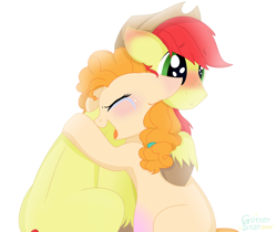 Size: 4960x4168 | Tagged: safe, artist:glitterstar2000, character:bright mac, character:pear butter, species:earth pony, species:pony, ship:brightbutter, episode:the perfect pear, g4, my little pony: friendship is magic, absurd resolution, blushing, clothing, cowboy hat, crying, female, hat, male, mare, pregnant, shipping, simple background, stallion, stetson, straight, tears of joy, white background