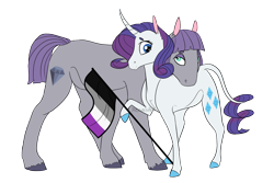Size: 2382x1587 | Tagged: safe, artist:xenalollie, character:maud pie, character:rarity, species:pony, ship:rarimaud, asexual, asexual pride flag, curved horn, female, flag, lesbian, pride, pride month, shipping, simple background, transparent background, wrong cutie mark