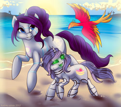 Size: 1700x1500 | Tagged: safe, artist:fur-what-loo, character:sweetie belle, oc, oc:raribot, oc:talon, species:phoenix, species:pony, sweetie bot, beach, duo, duo female, female, robot, robot pony, running, sand, sisters, sun