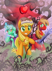 Size: 2384x3280 | Tagged: safe, artist:cazra, character:applejack, character:big mcintosh, character:lyra heartstrings, species:pony, apple, brambles, dungeons and dragons, food, magic, rpg, staff, sword, the sunless citadel, tree, weapon